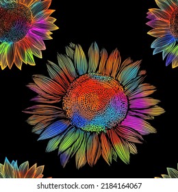 mehrfarbige Sonnenblumen nahtloses Muster auf schwarzem Hintergrund. Vektorgrafik