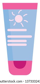 A multi-colored sunscreen lotion in pink blue and white colors stands with the cap resting on the surface or table vector color drawing or illustration 