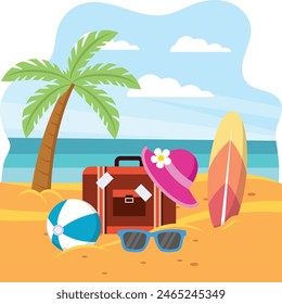 Multi-colored surfboards, beach ball, sunglasses with Palmtree  seashore concept vector colorful design, Nature and landscape postcard Scenic Summer Season Vibes Sign Idyllic Remote Resor illustration