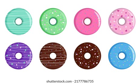 Multicolored sweet donuts - street food. Donut icons set. Sweet desserts, unhealthy food.