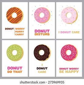 Multicolored sweet doughnut food postcard card poster vector illustration set