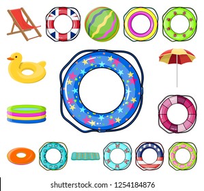 Multicolored swimming circle cartoon icons in set collection for design. Different lifebuoys vector symbol stock web illustration.