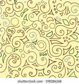 Multicolored swirls, circles, triangles and leaves seamless pattern on yellow background.