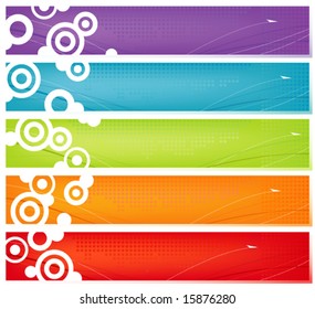 Multi-colored swoosh banners perfect for web ads or page toppers; Easy-edit layered file.