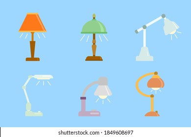 Multi-colored table lamp icons on a blue background. Home lighting device.