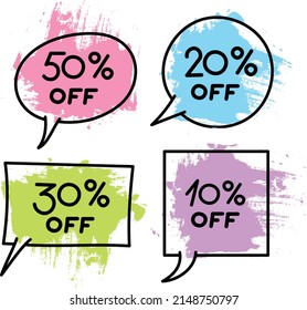 Multicolored talking bubbles with percent discount.	