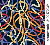 Multicolored tangled lines on a black background. Abstract geometric design in squiggle style. Seamless repeating pattern. Vector illustration.