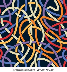 Multicolored tangled lines on a black background. Abstract geometric design in squiggle style. Seamless repeating pattern. Vector illustration.