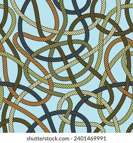 Multicolored tangled ropes on a white background. Abstract intricate geometric design. Green, brown, and blue vintage colors. Seamless repeating patte