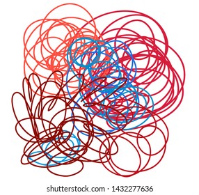 Multicolored tangled shape on white. Chaos pattern. Scribble sketch. Colorful background with array of lines. Intricate chaotic texture. Art creation. Print for banners, posters and shirts