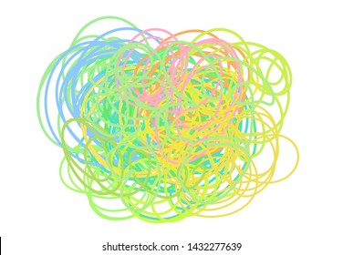 Multicolored tangled shape on white. Chaos pattern. Scribble sketch. Colorful background with array of lines. Intricate chaotic texture. Art creation. Print for banners, posters and shirts