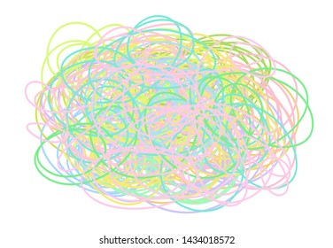 Multicolored tangled shape on white. Chaos pattern. Scribble sketch. Colorful background with array of lines. Intricate chaotic texture. Print for banners, posters and shirts