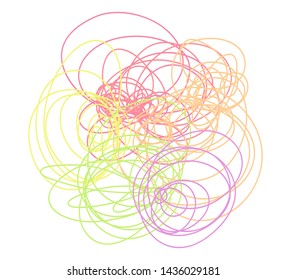 Multicolored tangled shape on white. Chaos pattern. Scribble sketch. Colorful background with array of lines. Intricate chaotic texture. Art creation. Print for banners, posters and shirts