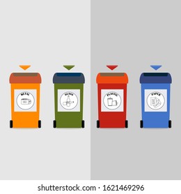 Multicolored tanks for separating garbage and waste for recycling and recycling, vector illustration