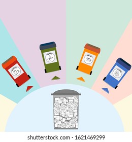 Multicolored tanks for separating garbage and waste for recycling and recycling, vector illustration