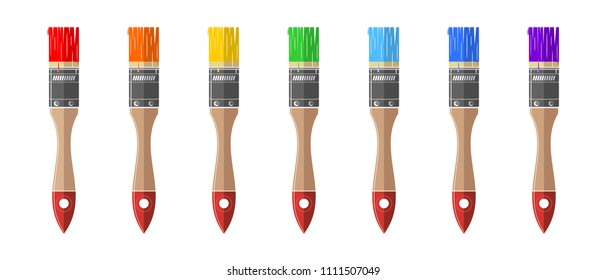 Multi-colored tassels of seven colors of a rainbow. Paint brushes icons set. Vector illustration