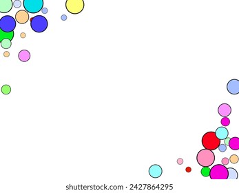 Multi-colored taw toy scattered on bright paper. All Color Dot. 3d render of particles, droplets of paint. Round structure with copy space. 