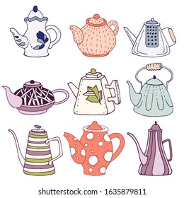 Multi-colored teapots of different shapes in Doodle style, linear art, isolated on a white background, for use as elements for design for tea and coffee