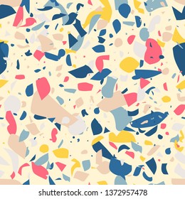 Multicolored Terrazzo Flooring Flat Seamless Pattern Hand Crafted and Unique Classic Italian Type Floor Elements Mockup Repeating Background Granite Textured Shapes Vibrant Colors Vector Illustration