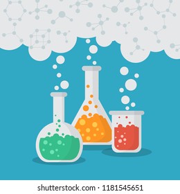 Multicolored test tubes on a blue background. Scientific research, chemistry, laboratory