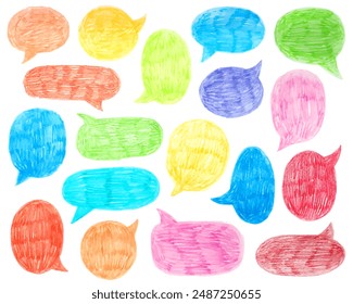 Multicolored text bubbles. Doodle drawing by hand with colored pencils. Drawings with crayon. Pencil shading. Colorful hand drawn elements, frames.