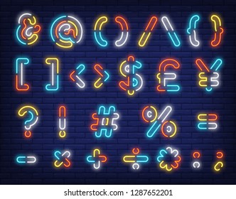 Multicolored text symbols neon sign. Glowing numbers and symbols on brick wall background. Vector illustration can be used for computer, telephone, messages, mobile