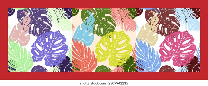 Multicolored texture tropical leaves. Set of three vector seamless patterns. Grunge texture, linocut, rough surface. For design, print, fabric, wallpaper, paper. Fashion design, exotic elements.
