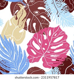 Multicolored texture tropical leaves, vector seamless pattern. Grunge texture, linocut, rough surface. For design, print, fabric, wallpaper, paper. Fashion design, exotic elements.