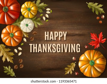 Multicolored thanksgiving day poster with big headline happy thanksgiving on wooden background vector illustration