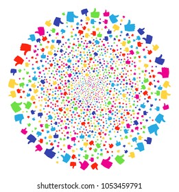 Multicolored Thumb Up carnival globula. Vector cluster burst done with randomized thumb up elements. Psychedelic Vector abstraction.