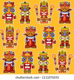 Multi-colored tiki totem poles. Hawaii. Seamless background pattern. Vector illustration