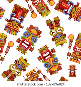 Multi-colored tiki totem poles. Hawaii. Seamless background pattern. Vector illustration