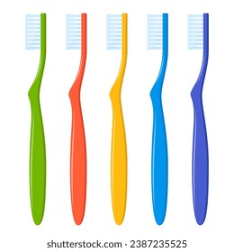 Colocación de cepillos de dientes multicolores. Herramientas de limpieza dental. Equipo higiénico dental manual. Dentista protección oral con paja. Salud de los dientes y belleza. Ilustración del vector