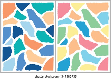 Multicolored torn edge paper collage artwork. 2 color options. Vector.