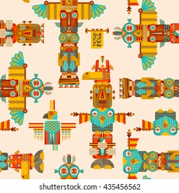 Multi-colored totem poles. Seamless background pattern. Vector illustration