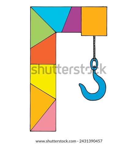 Multicolored toy lifting crane with a hook. Freehand drawing. Doodle. Hand Drawn. Outline.