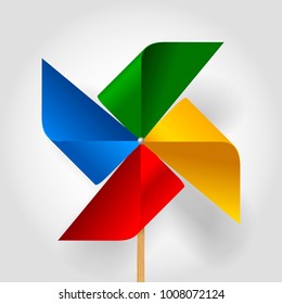 Multicolored toy paper windmill propeller. Pinwheel with blades of different colors. Vector illustration