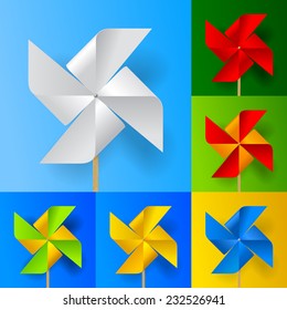 Multicolored toy paper windmill propeller set on backgrounds of different colors. Vector illustration