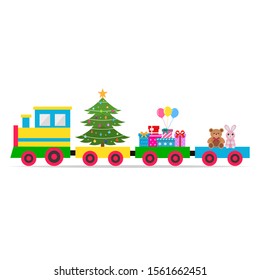 multi-colored toy train with a Christmas tree, gifts and toys on a white background