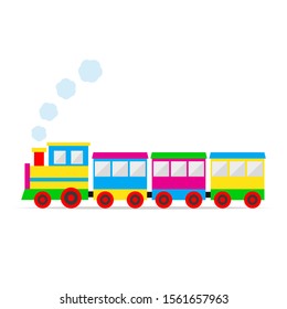 multicolored toy train with smoke and shadow on a white background