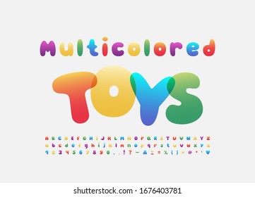 Multicolored toys alphabet rainbow bubble font. Uppercase and lowercase letters, numbers, punctuation marks. Colorful typeface, five bright gradient color palettes. Vector illustration