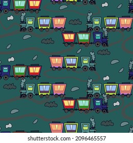 Tren multicolor sobre fondo verde oscuro, patrón vectorial, adecuado para tela, textil, papel, tapicería, decoración para niños