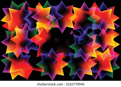 Fondo geométrico abstracto multicolor transparente con estrellas brillantes. Plantilla de diseño original de contraste creativo para portada, embalaje, sitio web, fondo de pantalla.