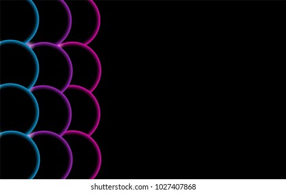 Multicolored transparent abstract shiny beautiful and convex solid simple balls, bubbles, egg circles located on the side on a black background and place for a simple text. Vector illustration
