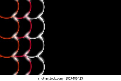 Multicolored transparent abstract shiny beautiful and convex solid simple balls, bubbles, egg circles located on the side on a black background and place for a simple text. Vector illustration