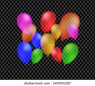 Multicolored and transparent balloons on the checked transparent background. Eps 10 vector file.