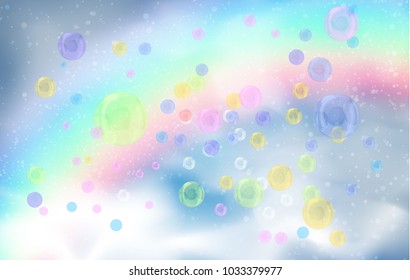 multicolored transparent bubbles on the background of a rainbow, clouds and a blue sky