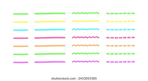 Multicolored transparent line highlighters of different shapes set. Marker underline strokes vector elements.