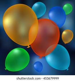 Multicolored transparent realistic festive balloons flying in the air vector illustration