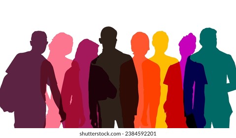 Siluetas transparentes multicolores de hombres y mujeres, en modo de multiplicación, un grupo de empresarios permanentes. Varias personas agrupan la silueta. Ilustración vectorial plana aislada en el fondo.